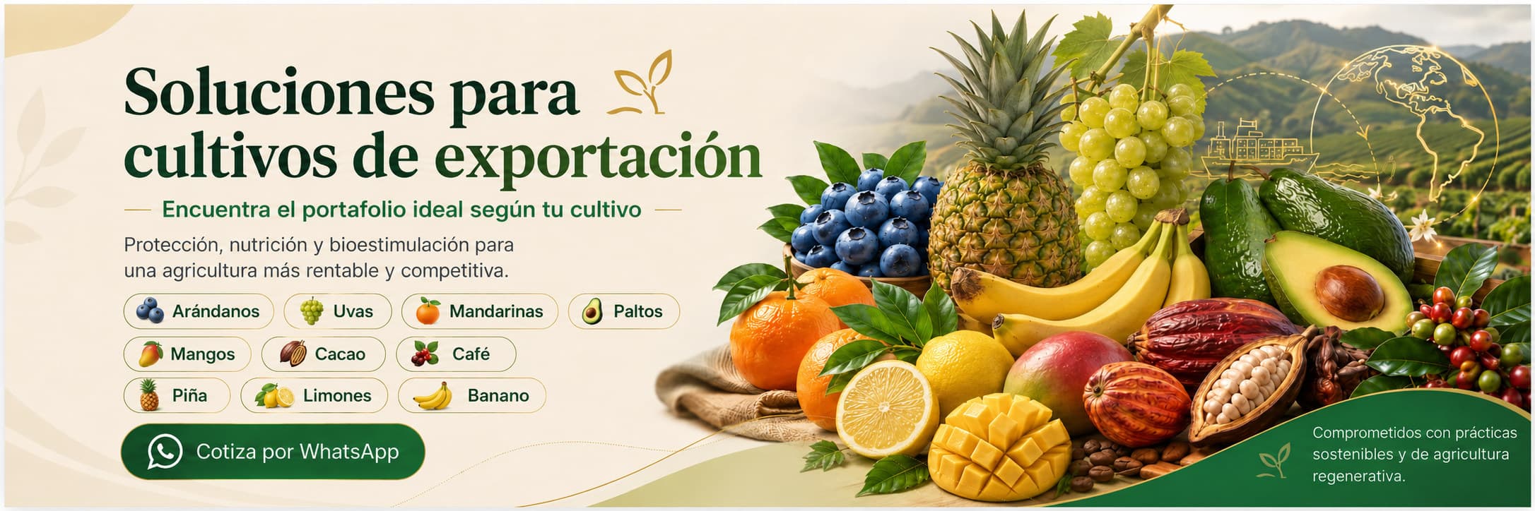 Soluciones para cultivos de exportación — arándanos, uvas, mandarinas, paltos, mangos, cacao y café